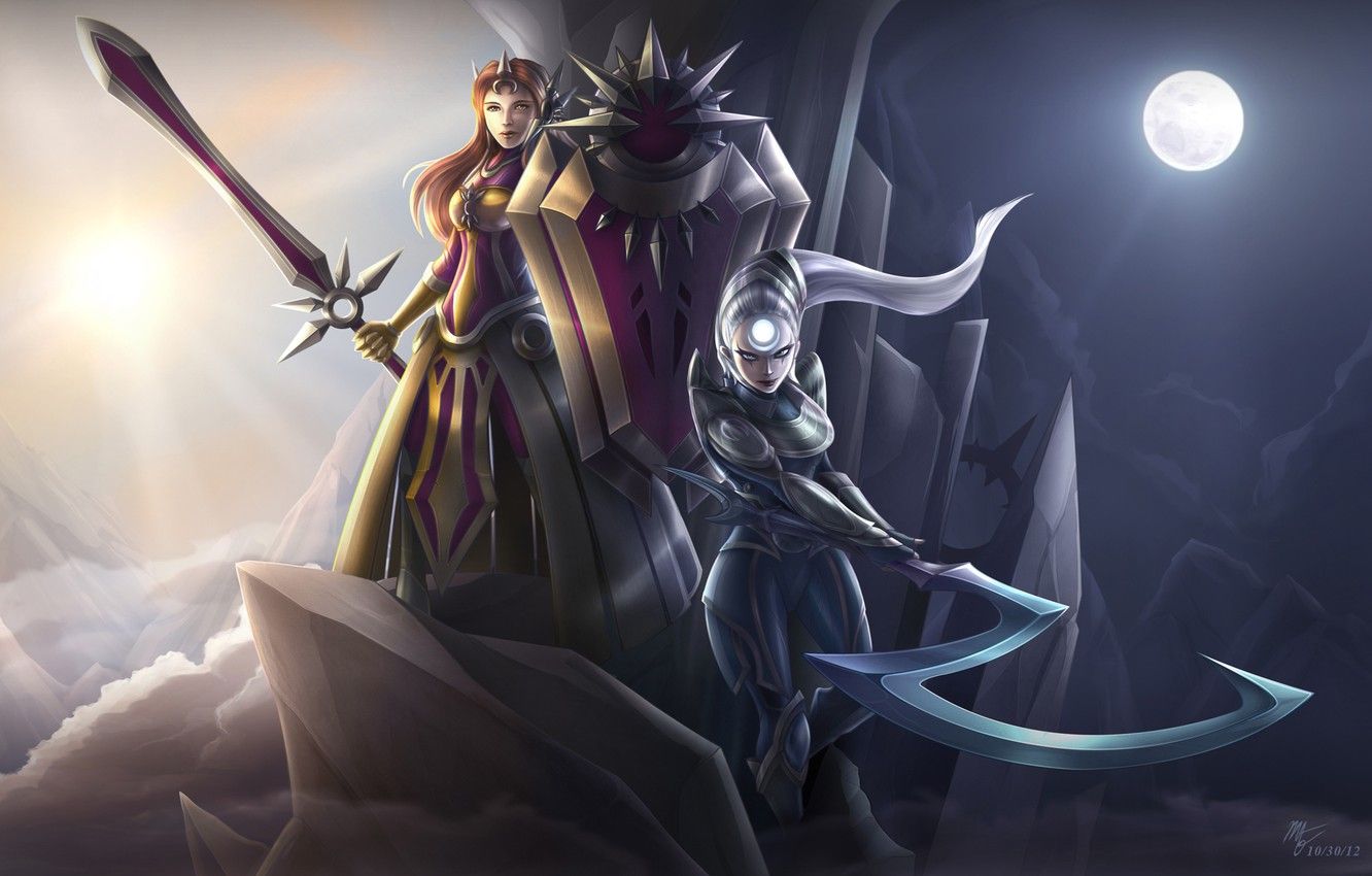 Wallpaper weapons, girls, the moon, sword, art, braid, league
