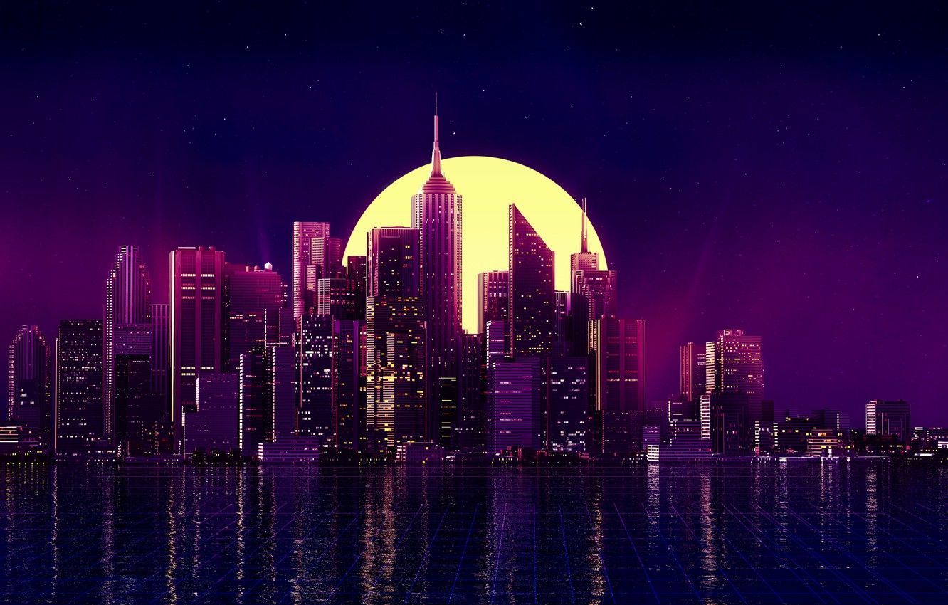 Wallpaper water, landscape, night, city, lights, retro, the moon, The city, moon, water, night, retro image for desktop, section минимализм