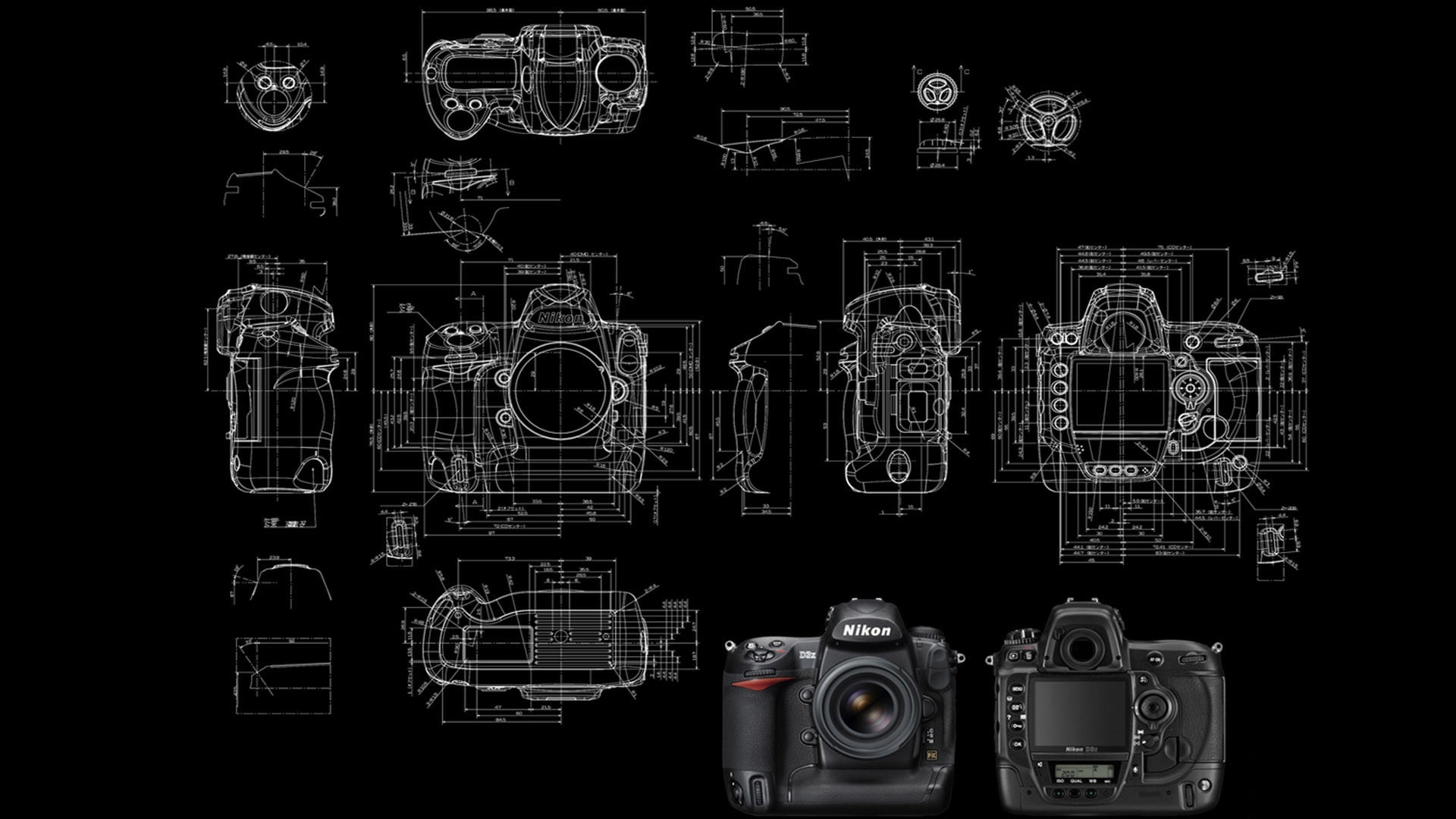 Black DSLR camera collage, diagrams, schematic, camera, Nikon HD