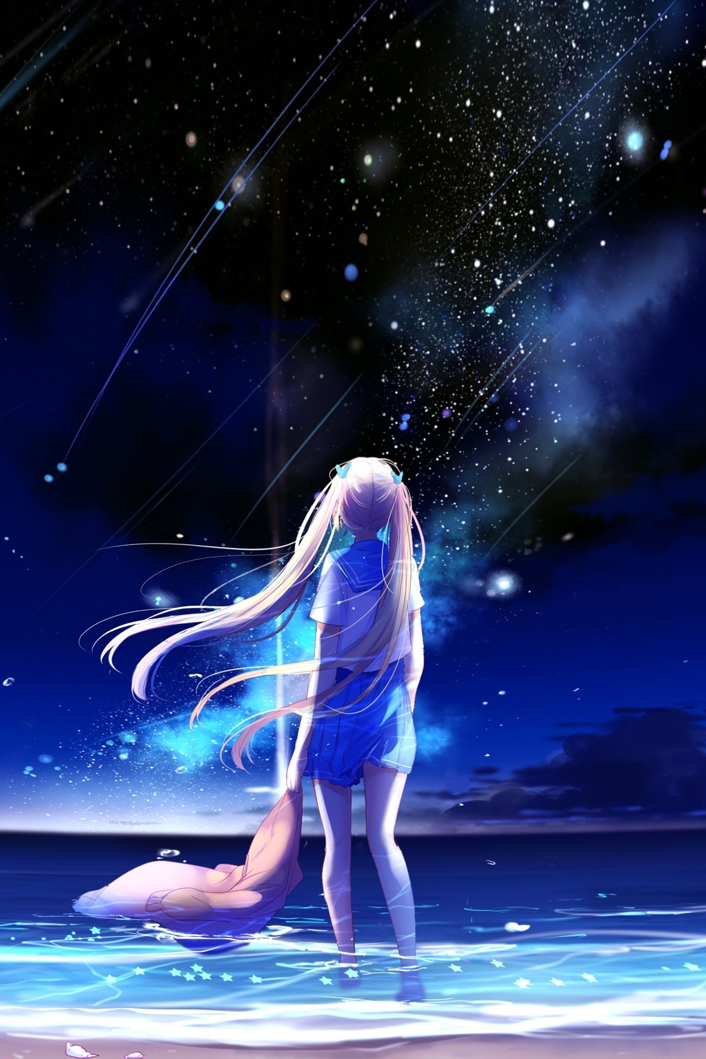 Download 1440x2960 wallpaper anime girl, outdoor, night, starfall