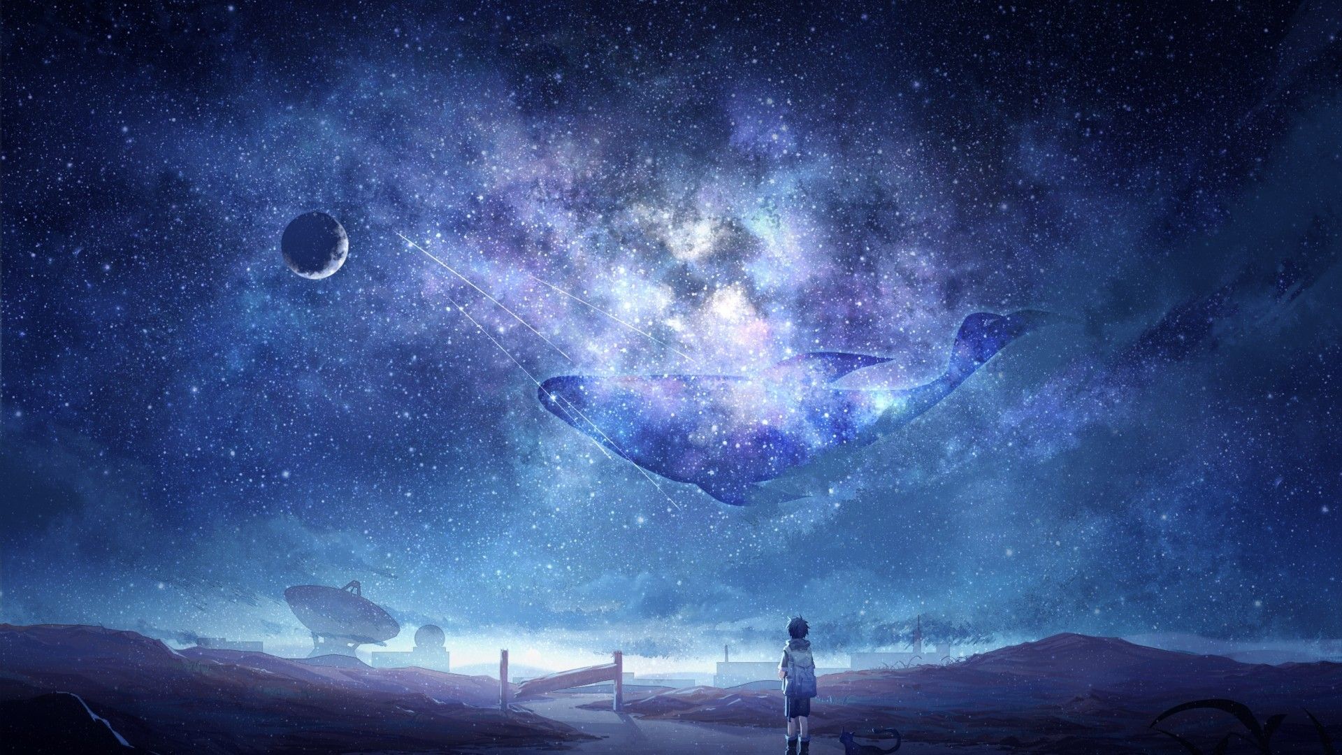 Anime Sky, Milky Way, Stars, Anime Boy, Dog, Moon