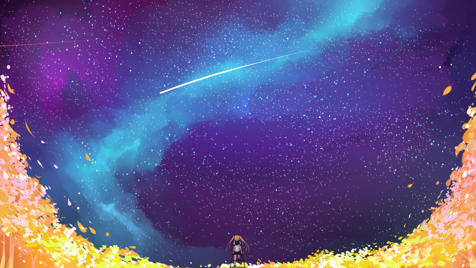 Download 1600x900 Anime Girl, Space, Stars, Galaxy, Falling Stars