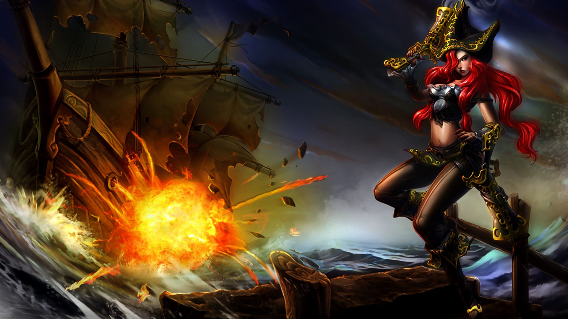 water, fire, redheads, League of Legends, boats, artwork, Miss