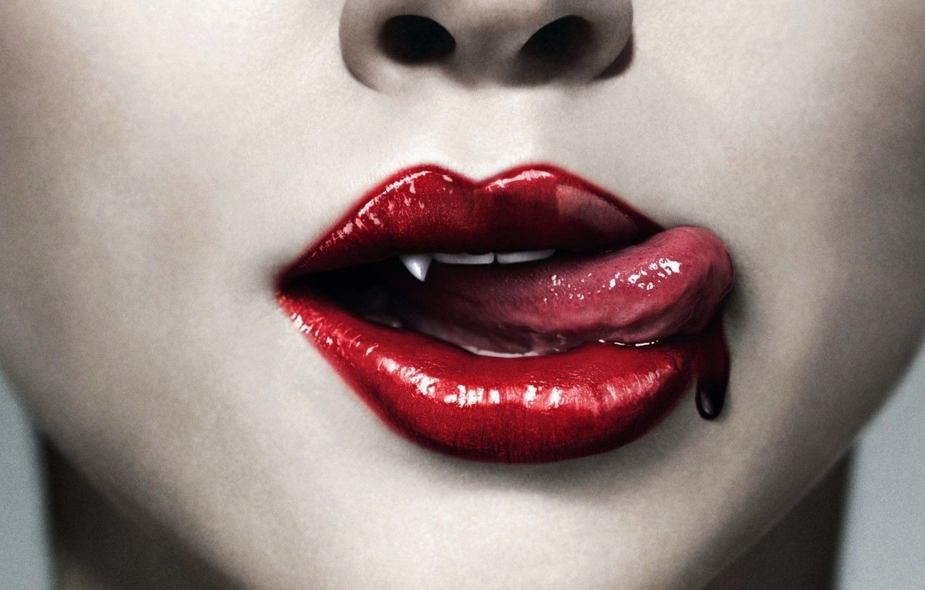 Wallpaper Girl, Blood, Close Up, Lips, Vampire, Fang, Pleasure