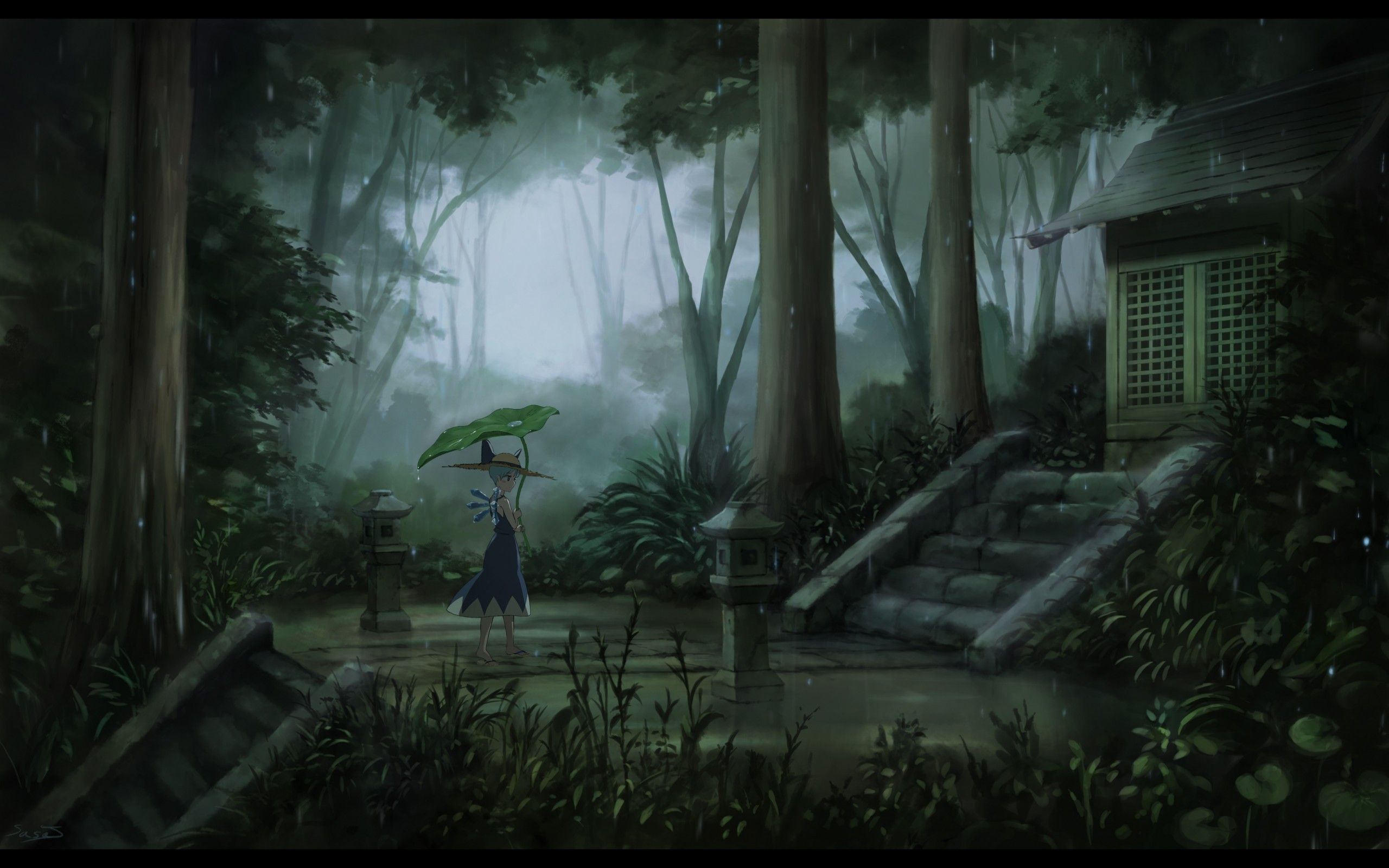 Download 2560x1600 Anime Landscape, Touhou, Cirno, Forest, Raining