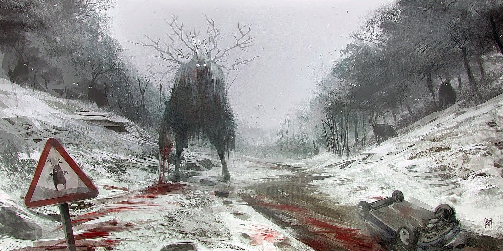 paintings, winter, snow, dark, monsters, cars, blood, fantasy art.