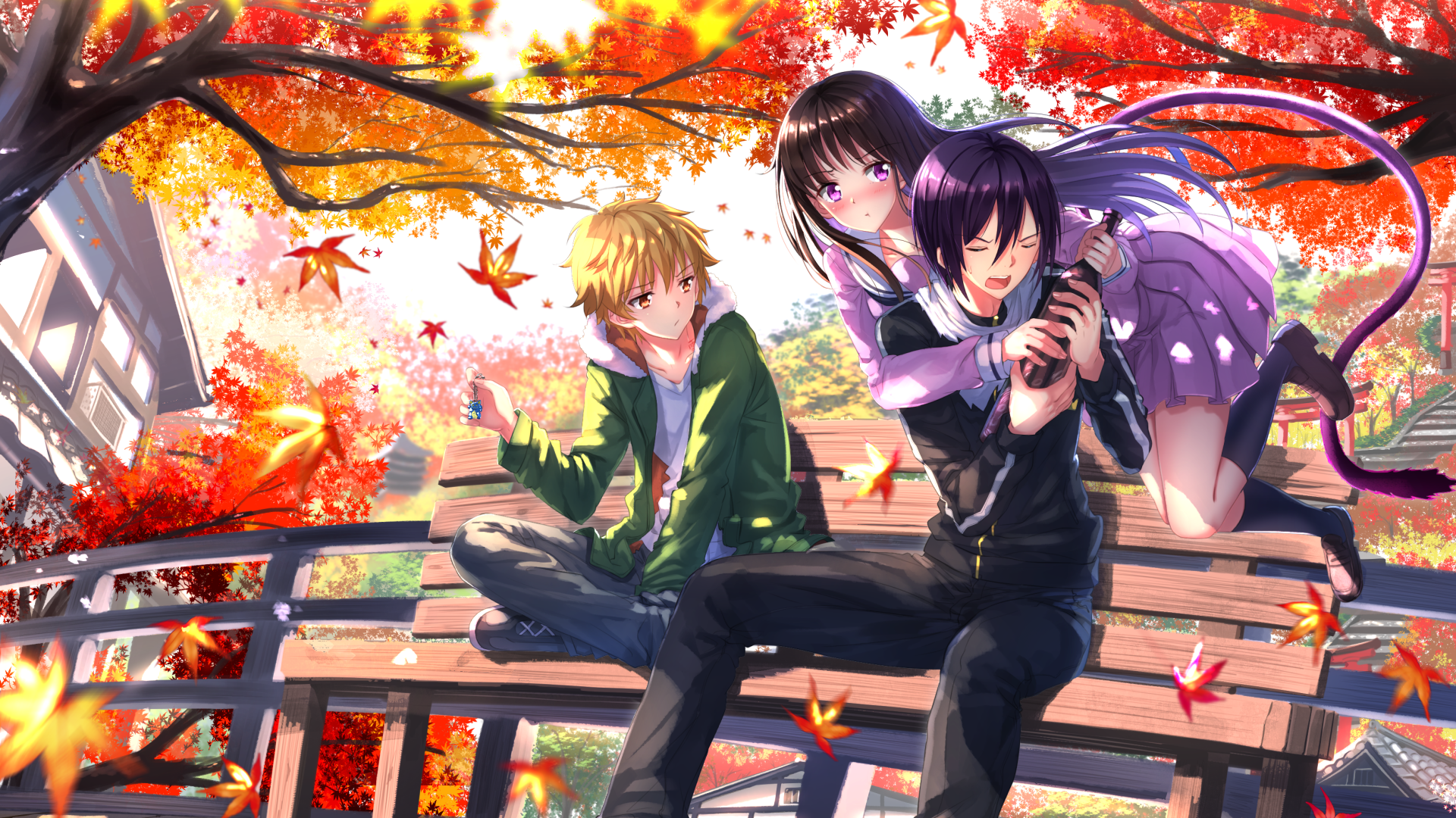 #short hair, #Swordsouls, #tail, #anime girls, #Iki Hiyori, #long hair, #Yukine (Noragami), #blonde, #school uniform, #fall, #anime, #Noragami, #Yato (Noragami), #anime boys, #leaves, #black hair, wallpaper
