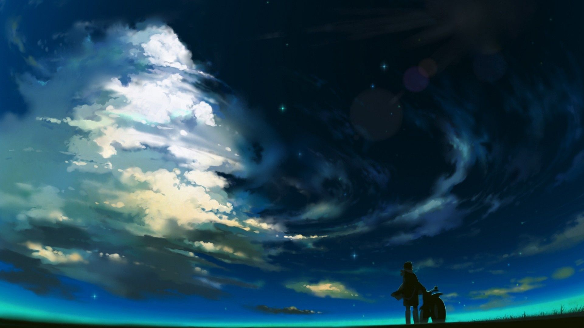 clouds, scenic, 5 Centimeters Per Second, anime, motorbikes, skies