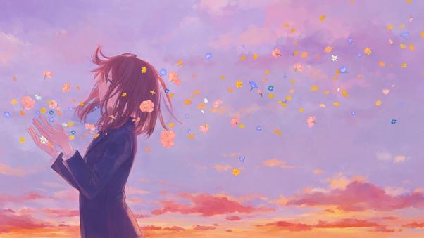 Anime Girl School Uniform Flowers Clouds 8K HD Wallpaper (1600x900)