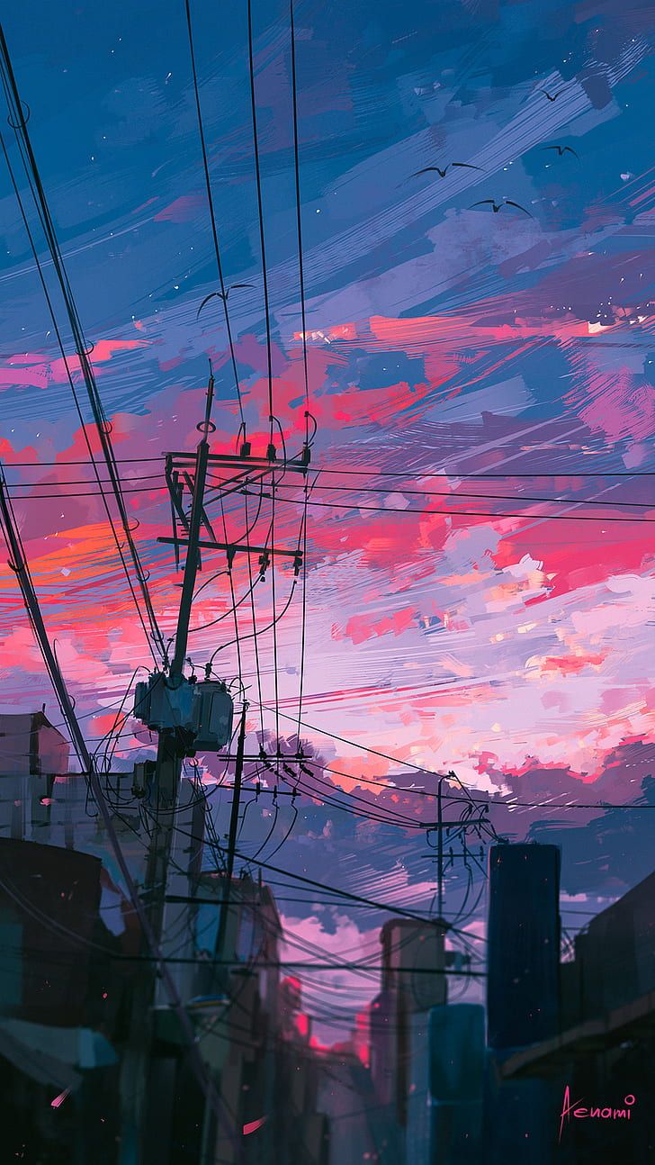 HD wallpaper: artwork, sunset, sky, urban, clouds, anime