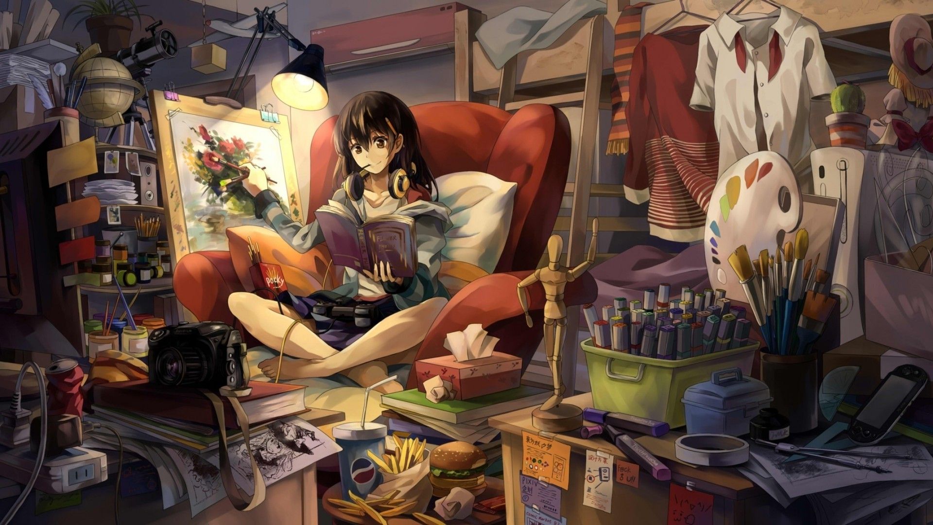 Download 1920x1080 Artist Girl, Painting Room, Anime Girl Wallpaper for Widescreen