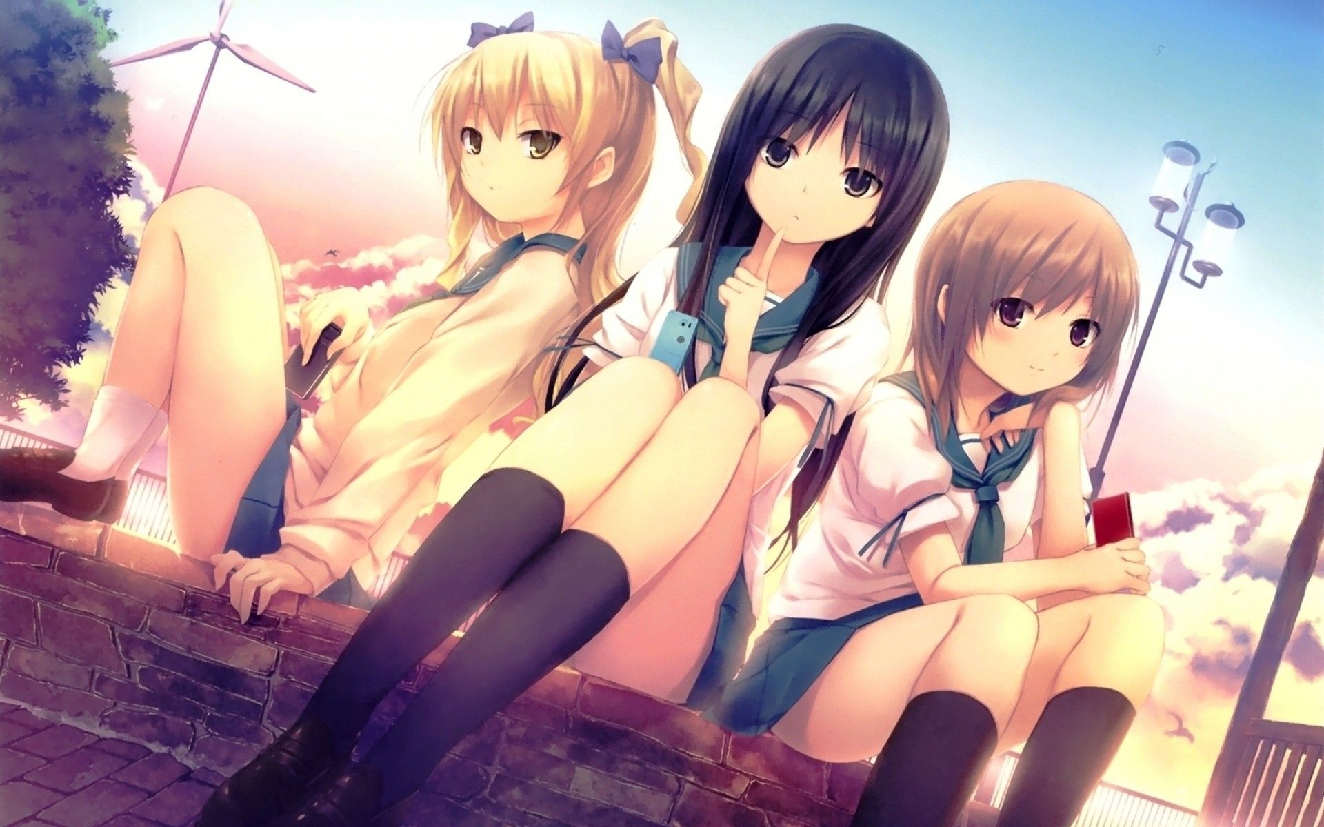 Three anime girls friends meadow 1242x2688 iPhone 11 ProXS Max  wallpaper background picture image