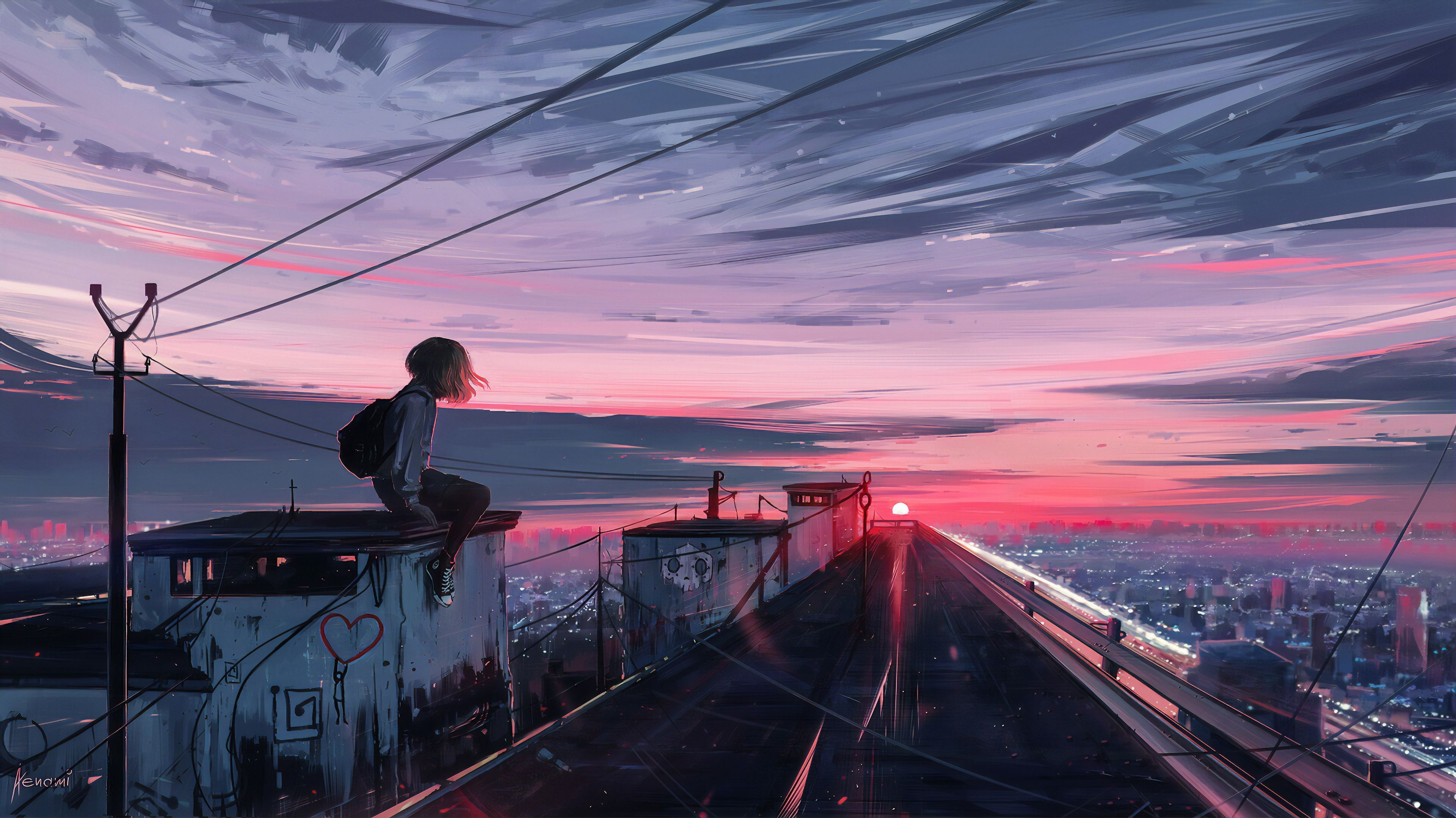 Roofline Girl Hd Wallpaper, Digital Art Wallpaper, Artwork Wallpaper, Artstation Wallpaper, Artist. Anime Scenery Wallpaper, Anime Scenery, Scenery Wallpaper