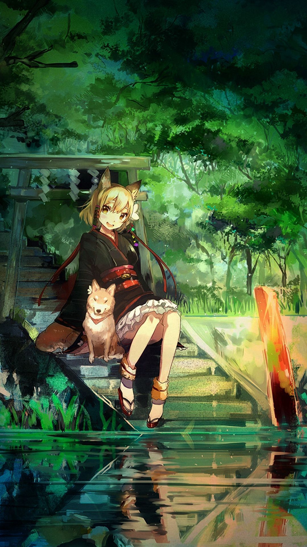 Girl And Dog Green Nature Anime Art Illust iPhone 8 Wallpaper Free Download