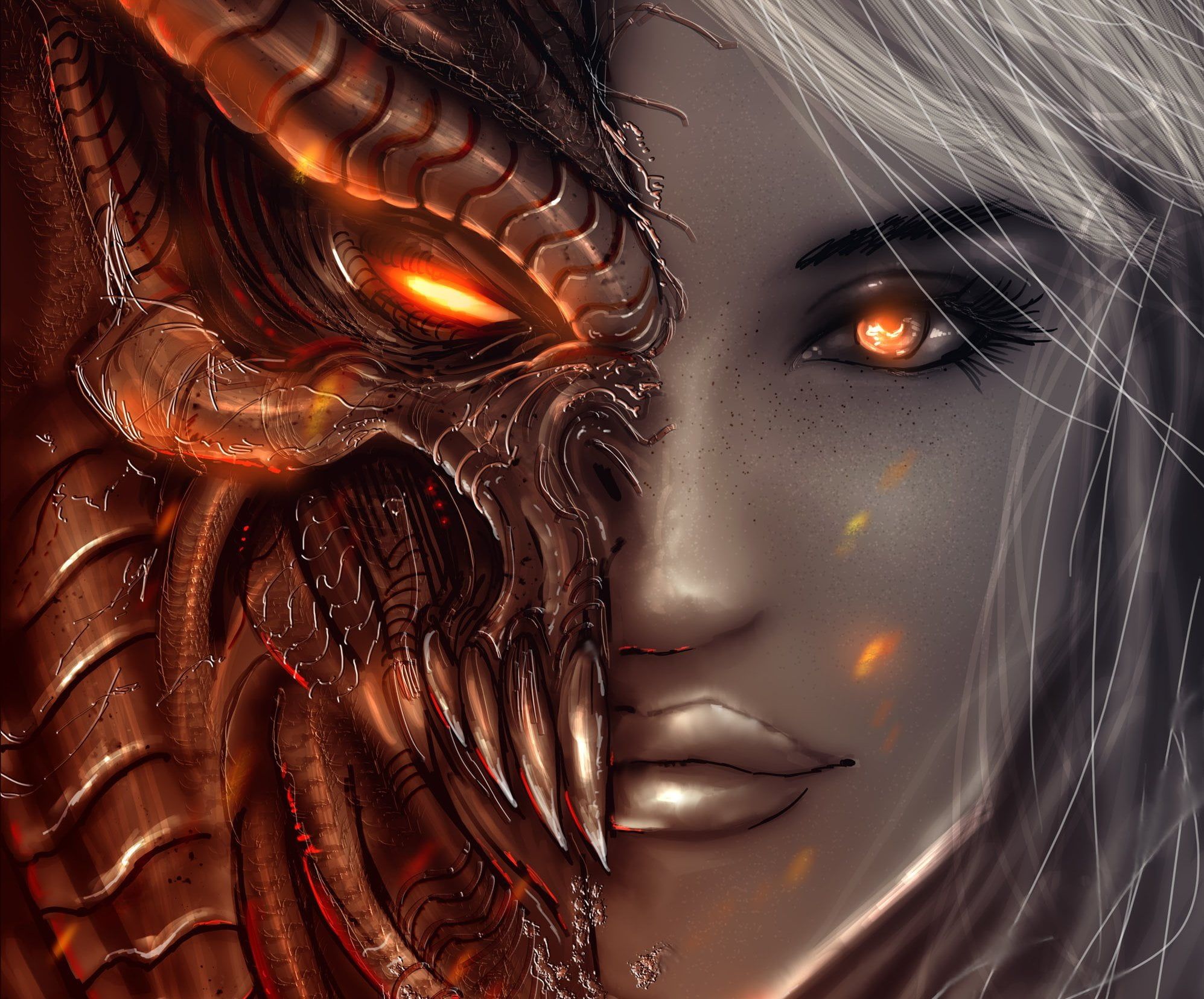 Lady with gray hair and half demon face anime illustration HD
