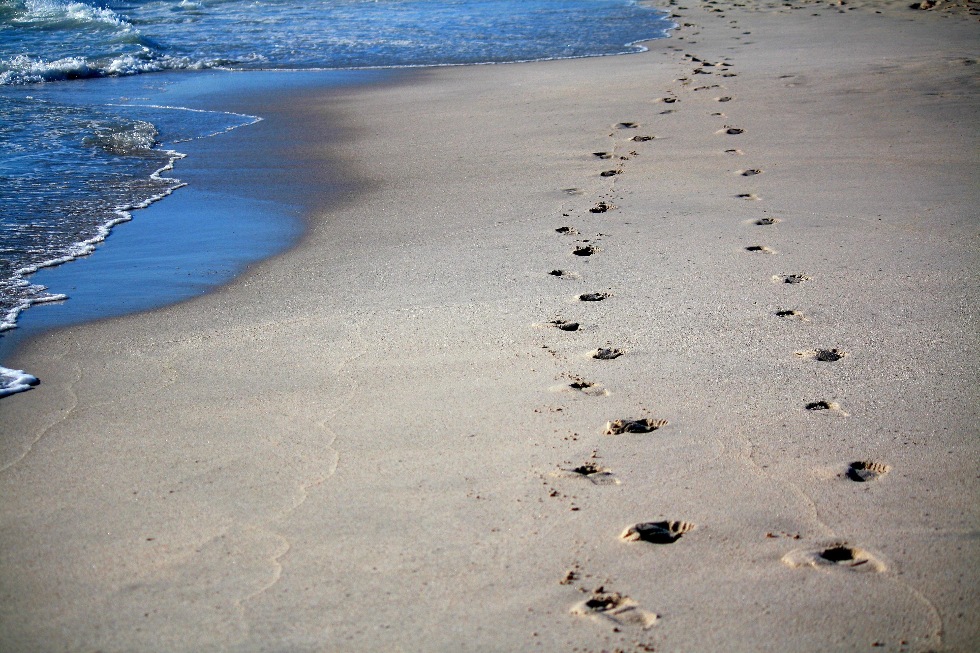 Footprints, Sand, Ocean, Sea, Beach, Water Footprints