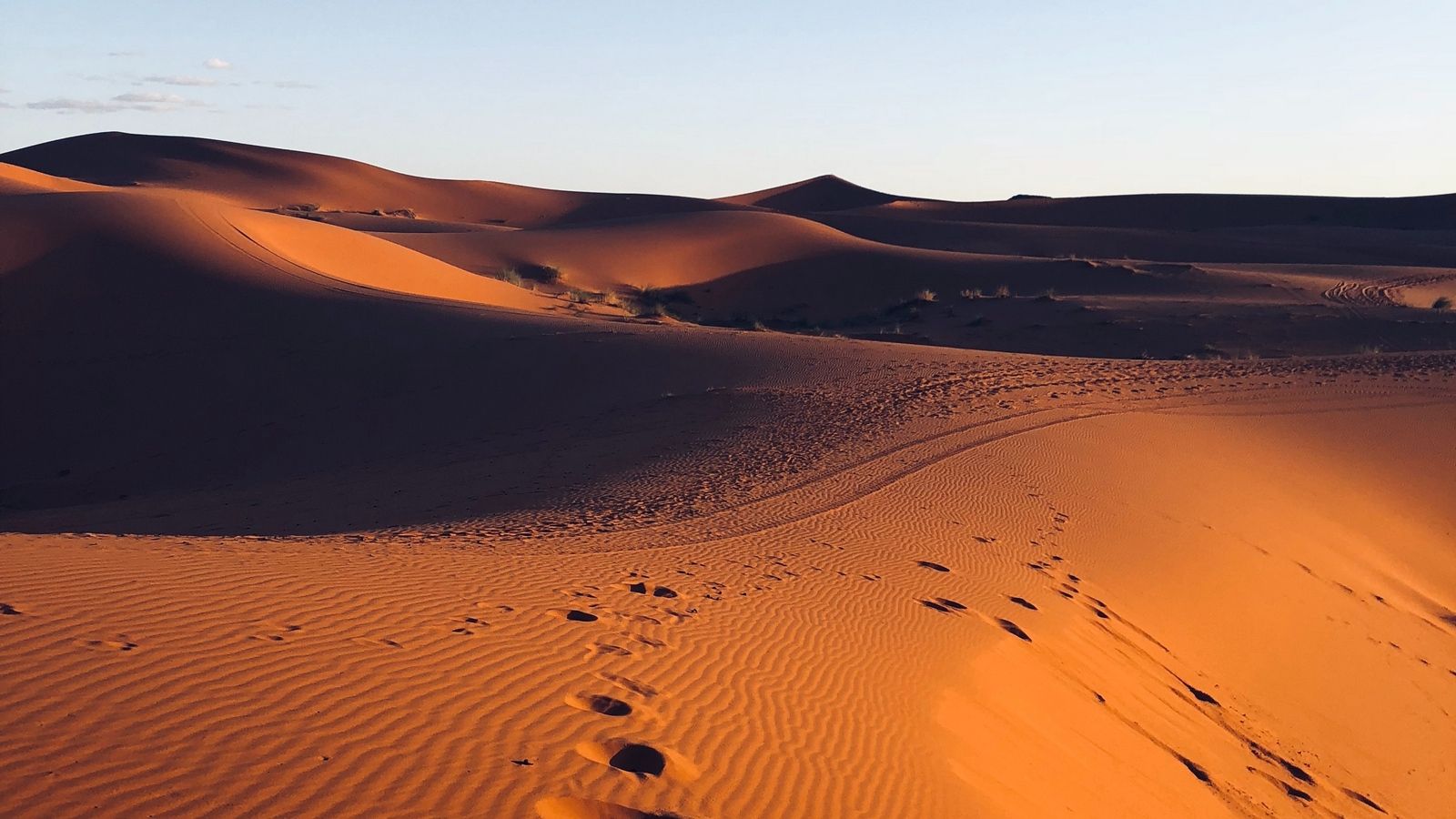 Download wallpaper 1600x900 desert, sand, footprint, morocco