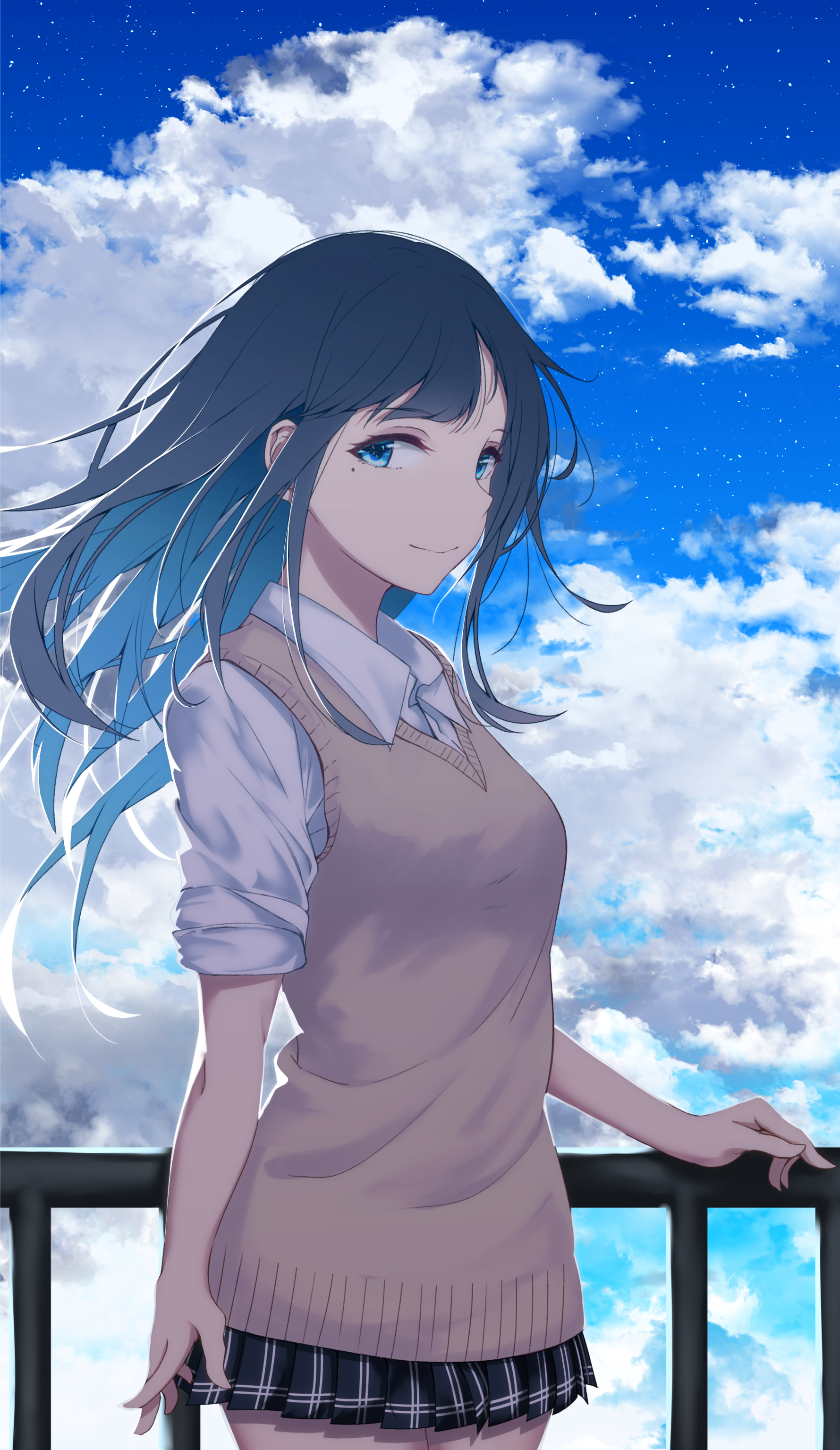 Tags: anime girls sweater sky clouds long hair blue eyes blue hair