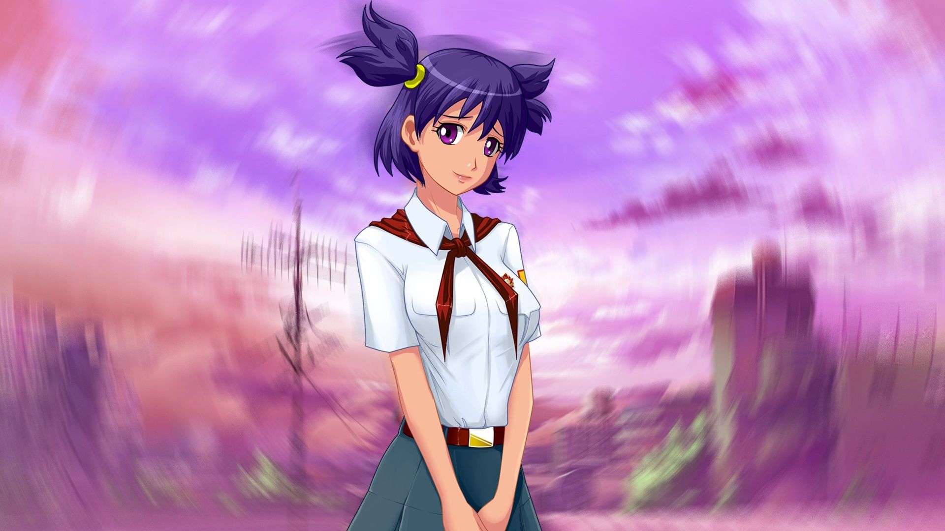 Wallpaper Blue hair school girl, purple eyes, anime 1920x1080 Full HD 2K Picture, Image