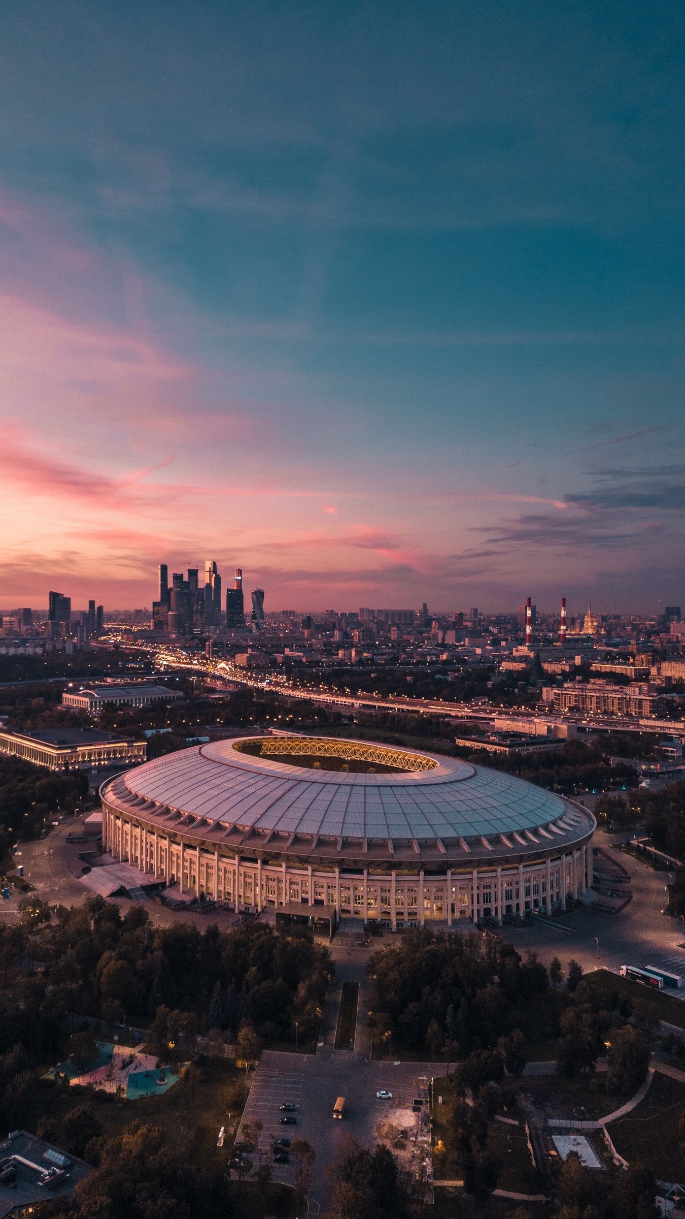 Download wallpaper 1350x2400 city, aerial view, sunset