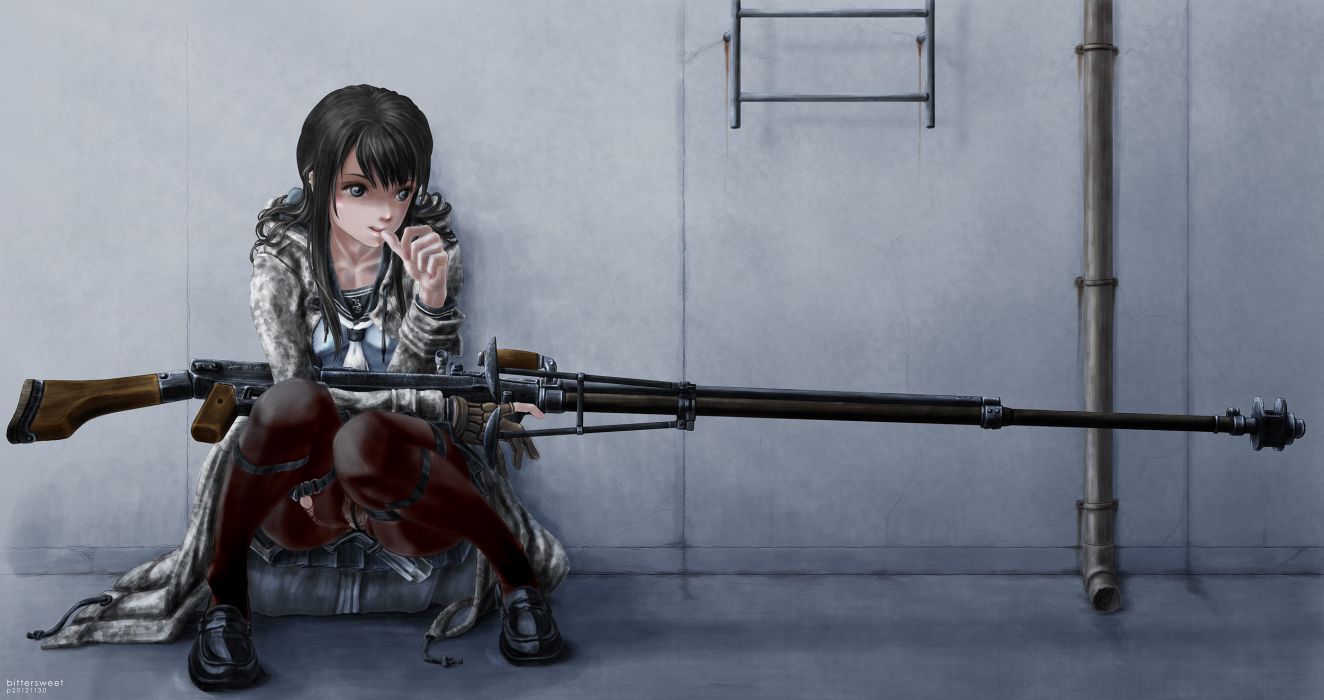 Anime women females girls sensual weapons guns rifles mood