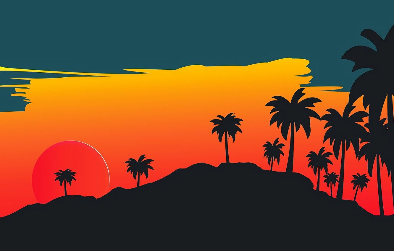 Wallpaper The sun, Minimalism, Star, Style, Palm trees, Background, Style, Illustration, 80's, Synth, Retrowave, Synthwave, New Retro Wave image for desktop, section минимализм