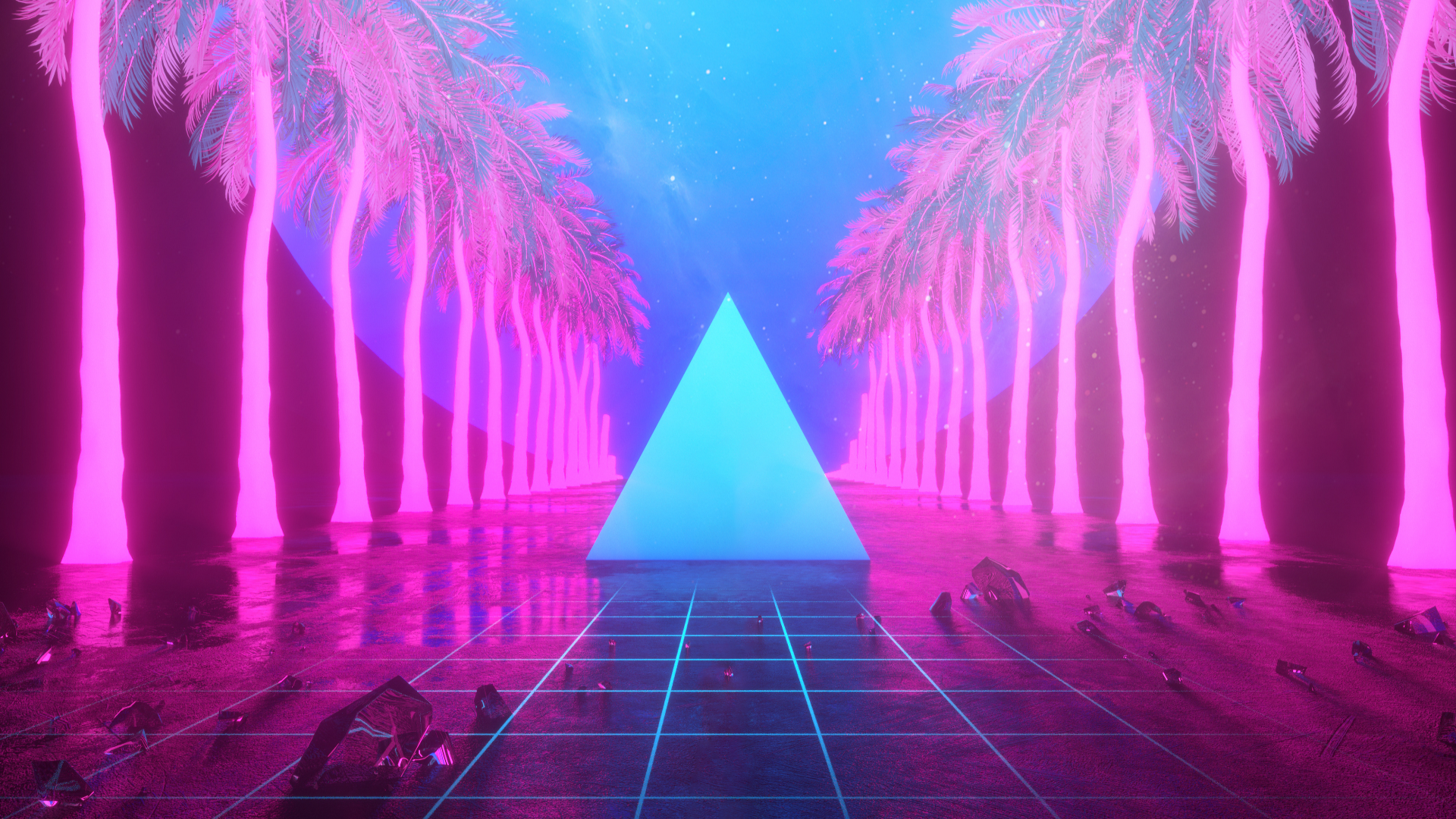 Artistic Retro Wave Pyramid Reflection Palm Tree Stars Wallpaper