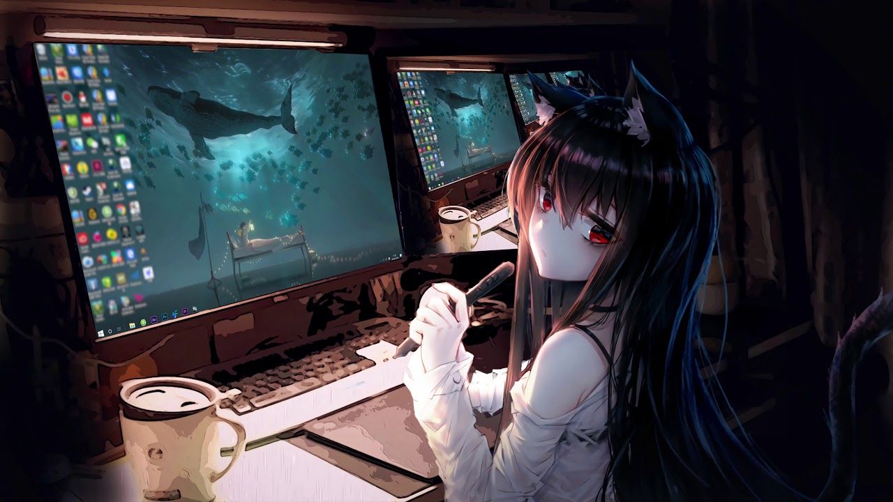 Anime Girl and Computers 4K Live Wallpaper