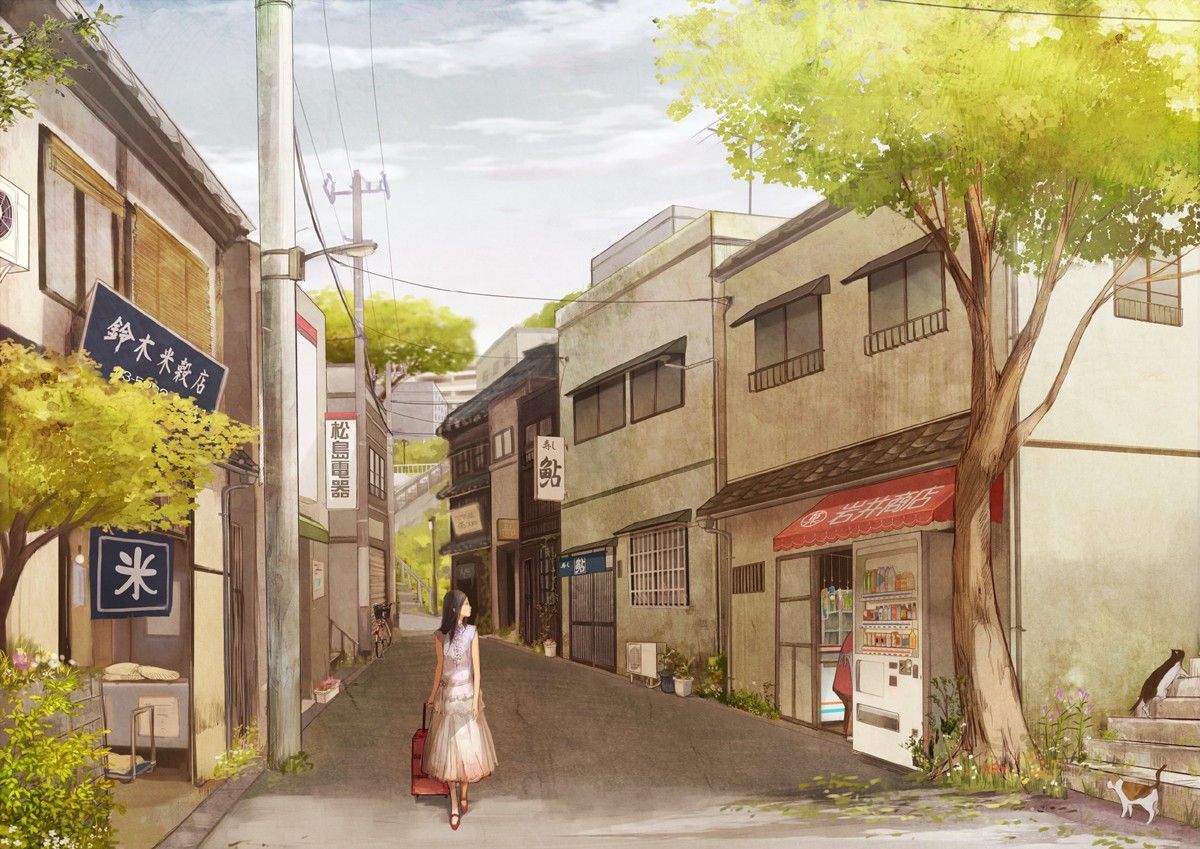 Japan, streets, dress, cats, houses, japanese, urban, buildings