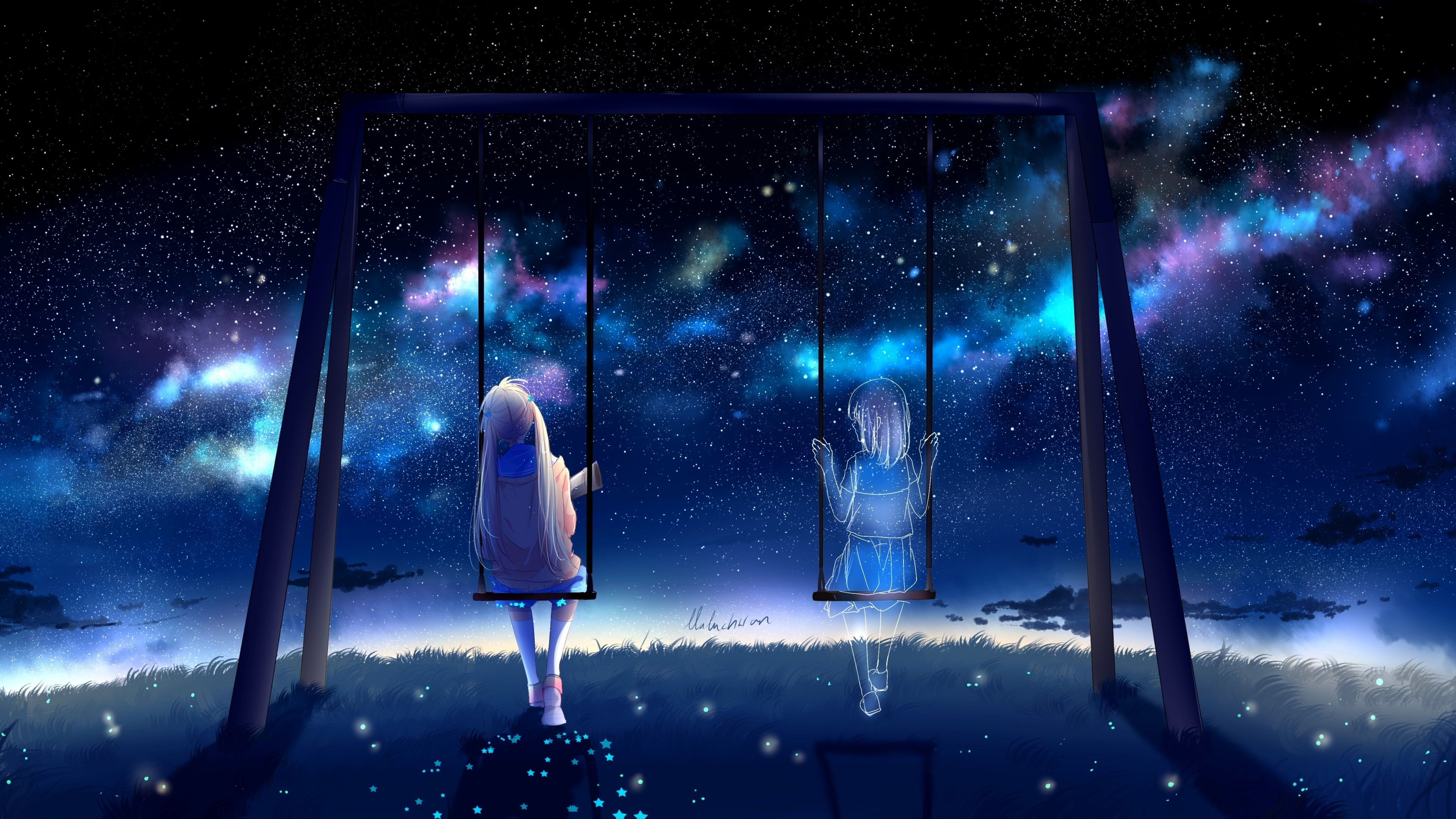 Download 3840x2160 Anime Girls, Swing, Friends, Stars, Lonely, Sky
