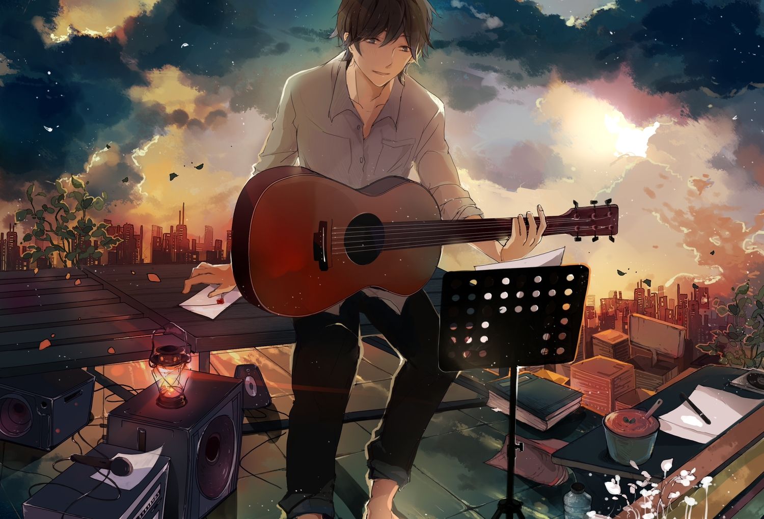 all male book brown hair city clouds drink food gray eyes guitar