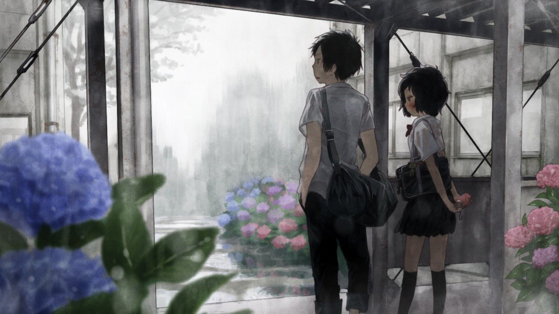 rain, flowers, couple, seifuku, anime, anime girls wallpaper