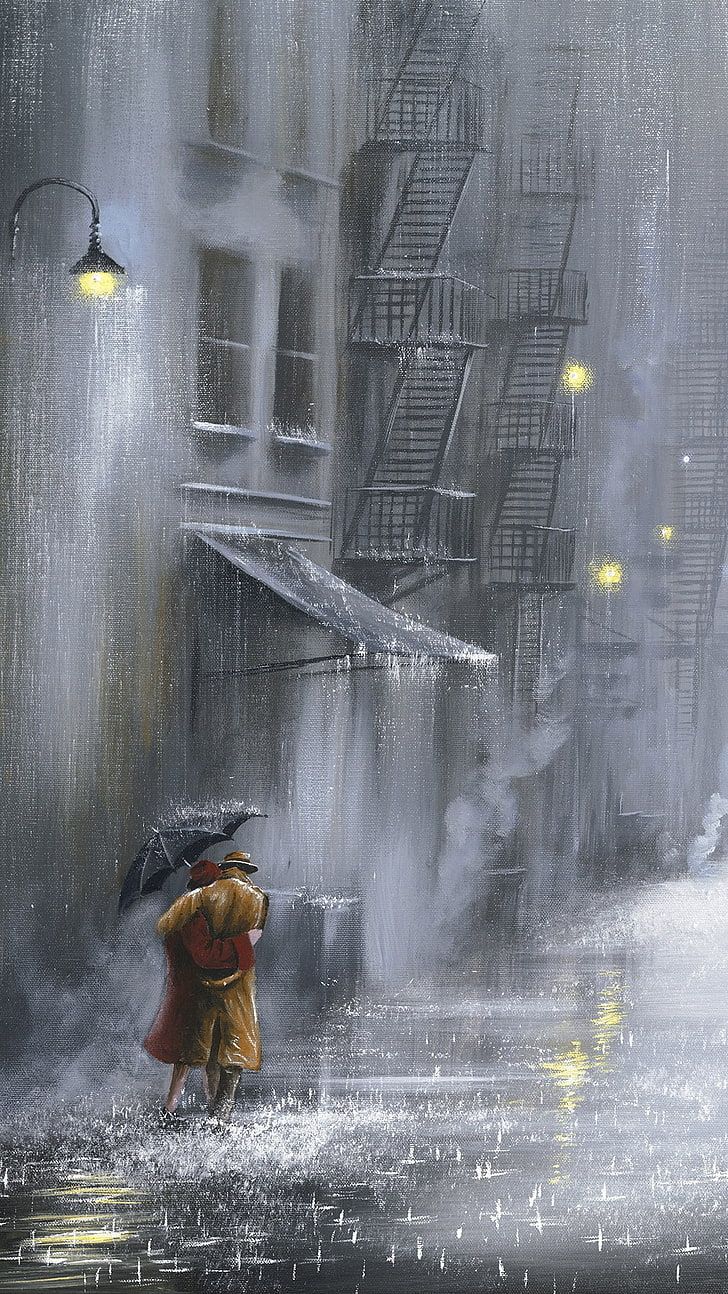 HD wallpaper: couple, raining, painting, umbrella, streets, Others