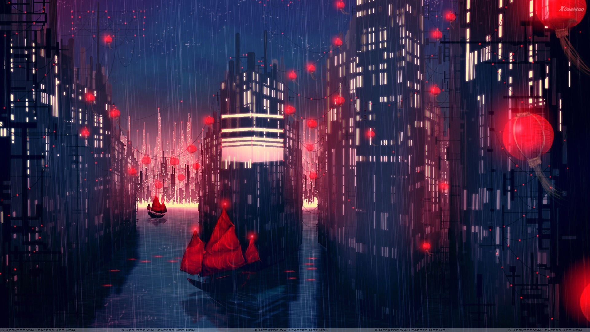 Rainy Red City Night Scene Wallpaper