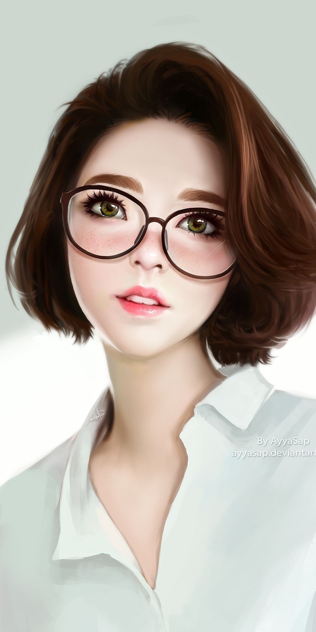 Cute, beautiful woman, brunette, short hair, glasses, 1080x2160