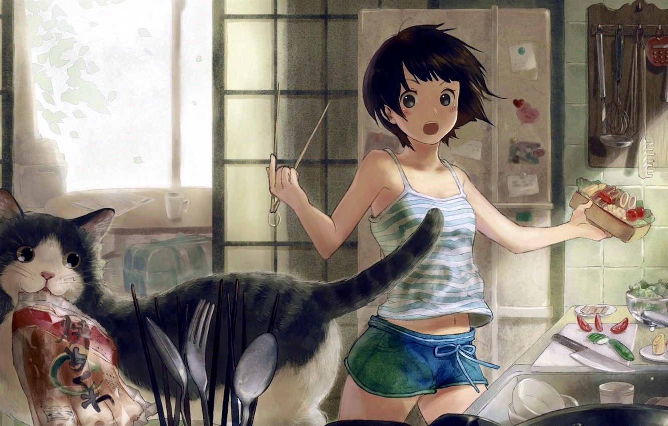 Wallpaper Girl, shorts, anime, food, cat, short hair, animal