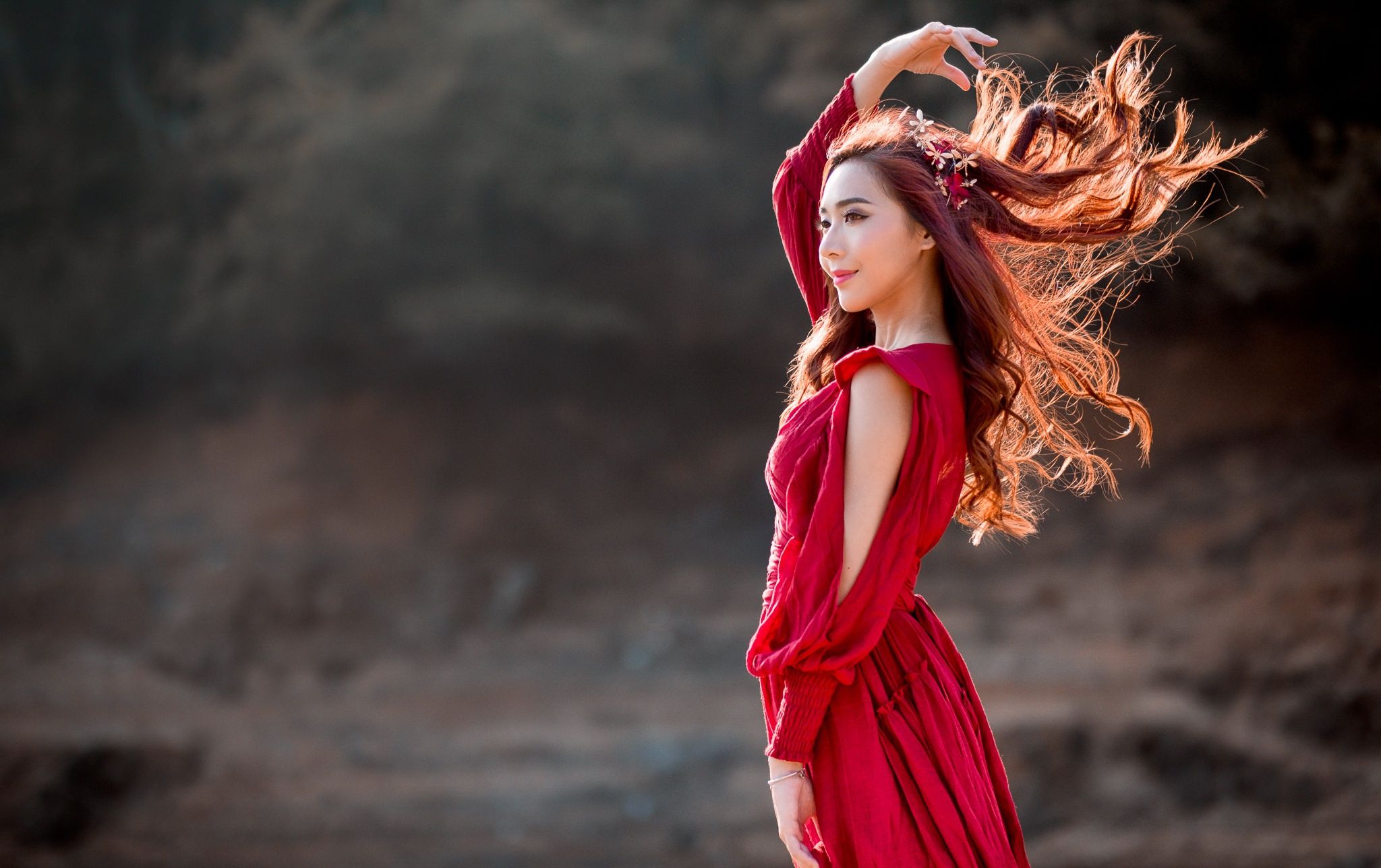 #model, #red dress, #Asian, #women outdoors, #long hair