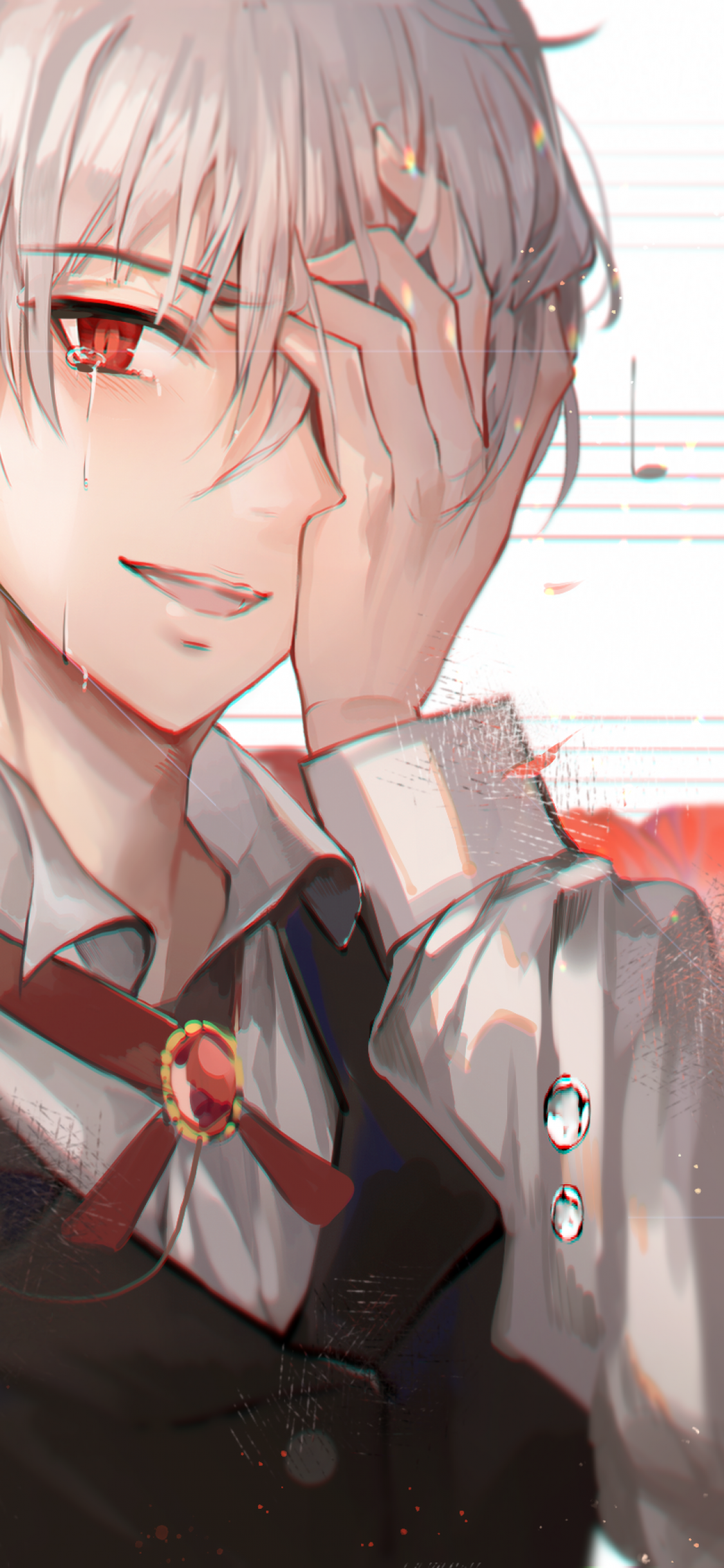 Cool anime discord avatar for boys white hair Scarlet red Eyes small smile  holding a scythe
