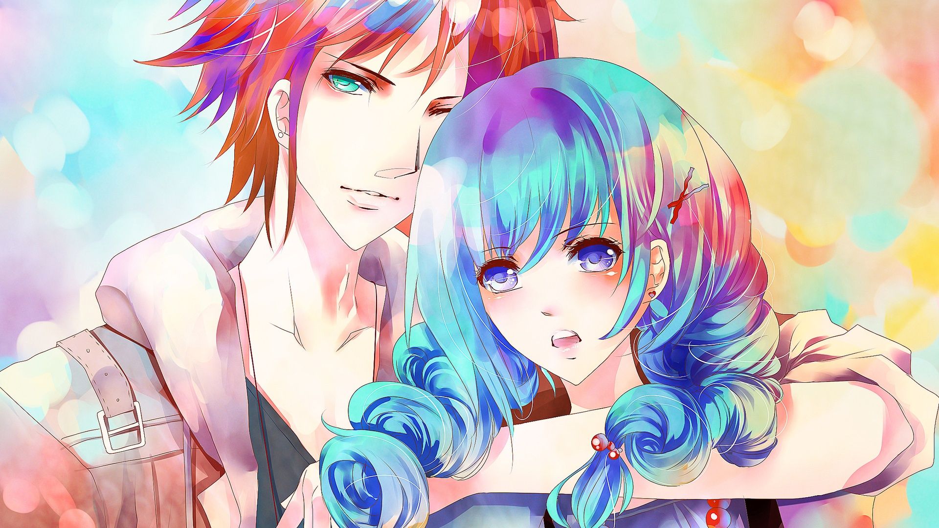 Wallpaper Blue hair anime girl with a boy 1920x1200 HD Picture, Image