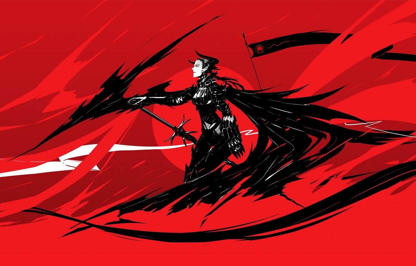 Wallpaper girl, red, black, figure, sword, anime, flag, the demon