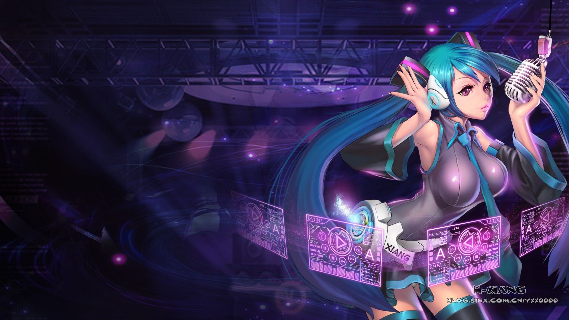 headphones, panties, Vocaloid, Hatsune Miku, long hair, thigh