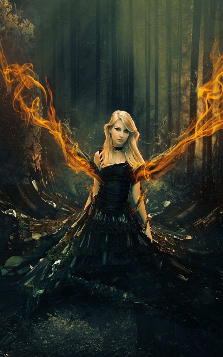 Fantasy Girl Flame Forest Surreal HD Mobile Wallpaper