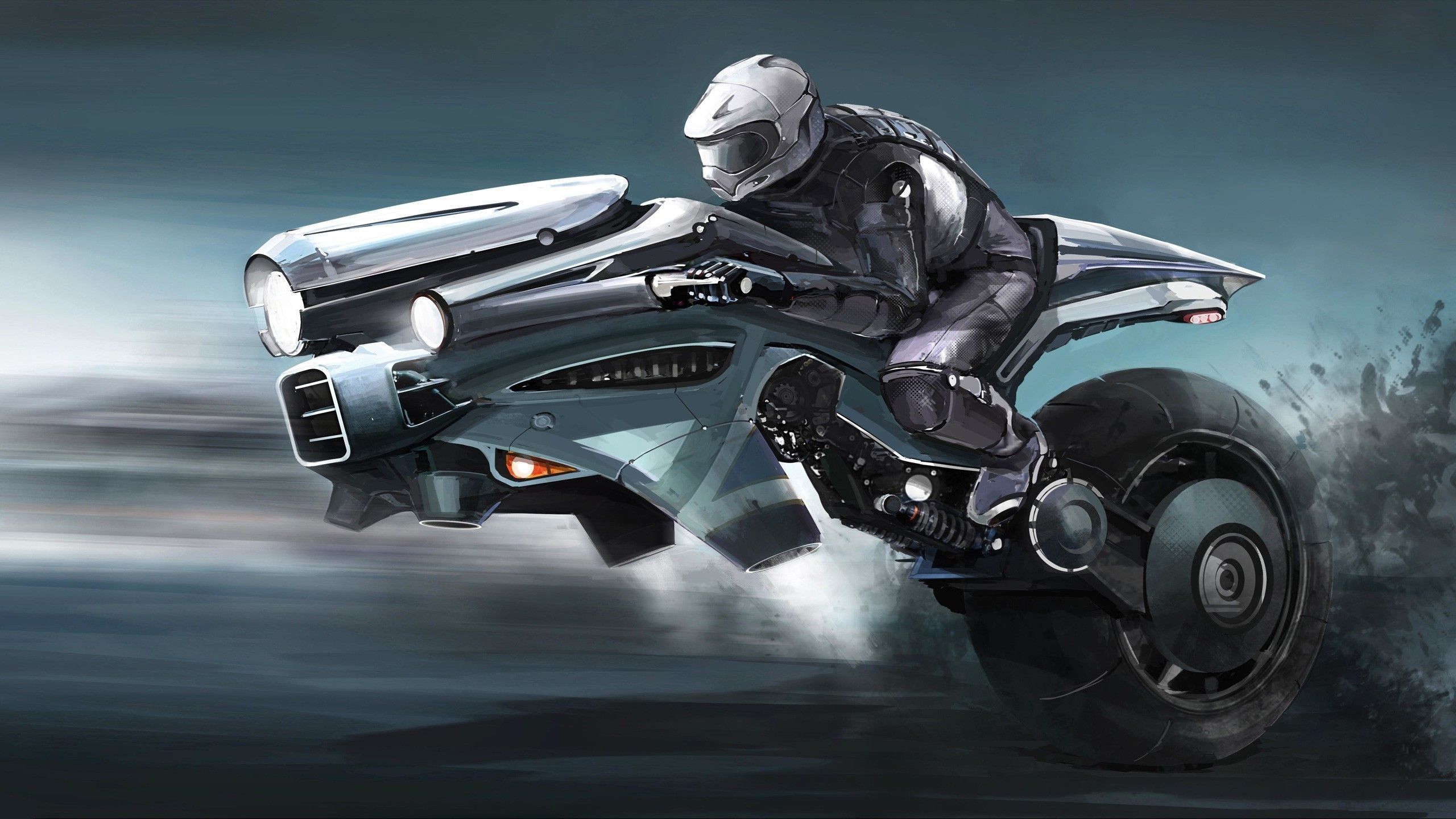 Download 2560x1440 Motorcycle on one wheel in the future wallpaper