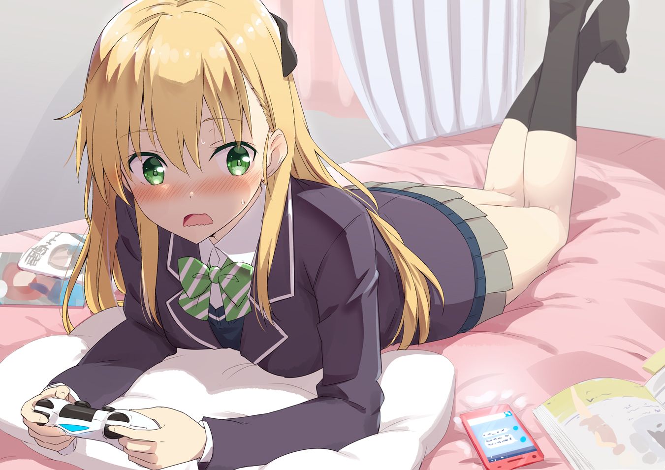 bed blonde hair blush gamers! gochou (atemonai heya) green eyes