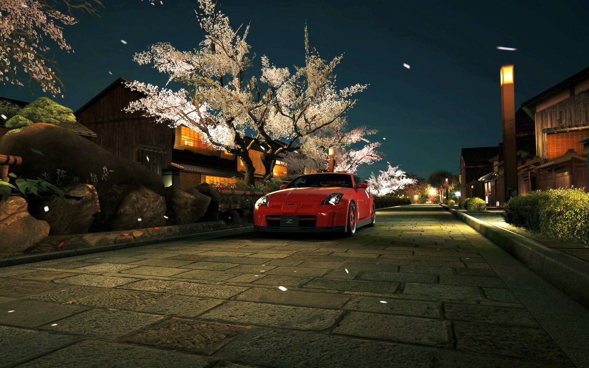 night, Street light, Trees, Cherry blossom, Car, Spring, Cityscape, Japan, Gran Turismo Wallpaper HD / Desktop and Mobile Background