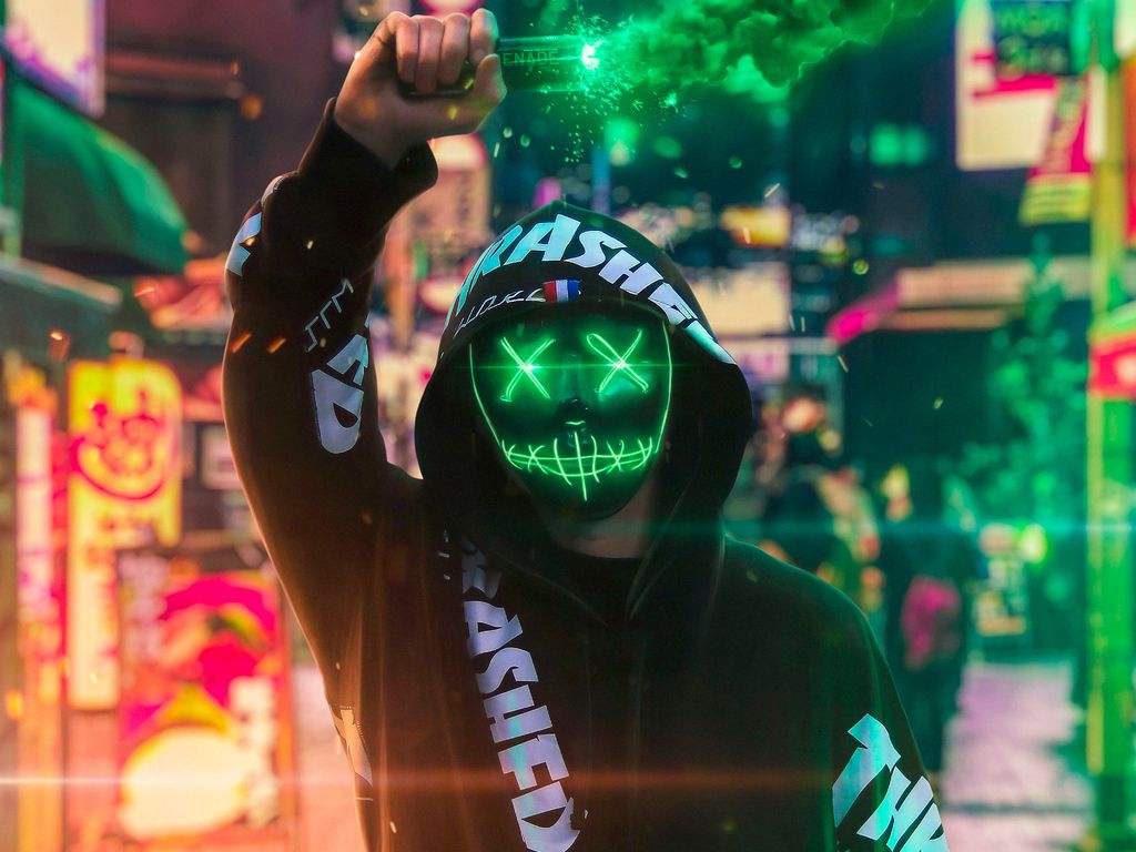 Neon Mask Guy With Green Smoke Wallpaper