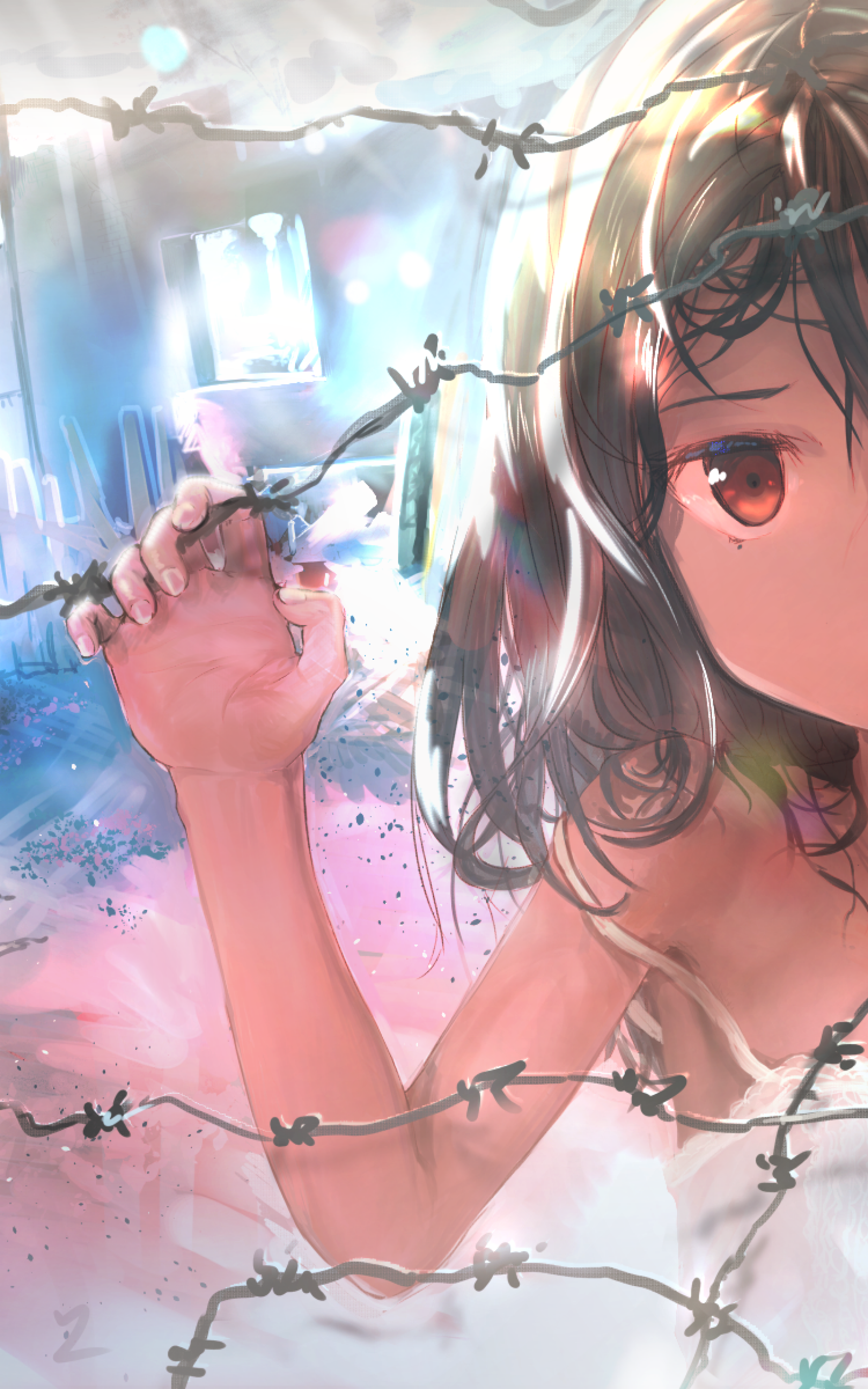 Download 1600x2560 Anime Girl, Fence, Sad Face, Poor Wallpaper
