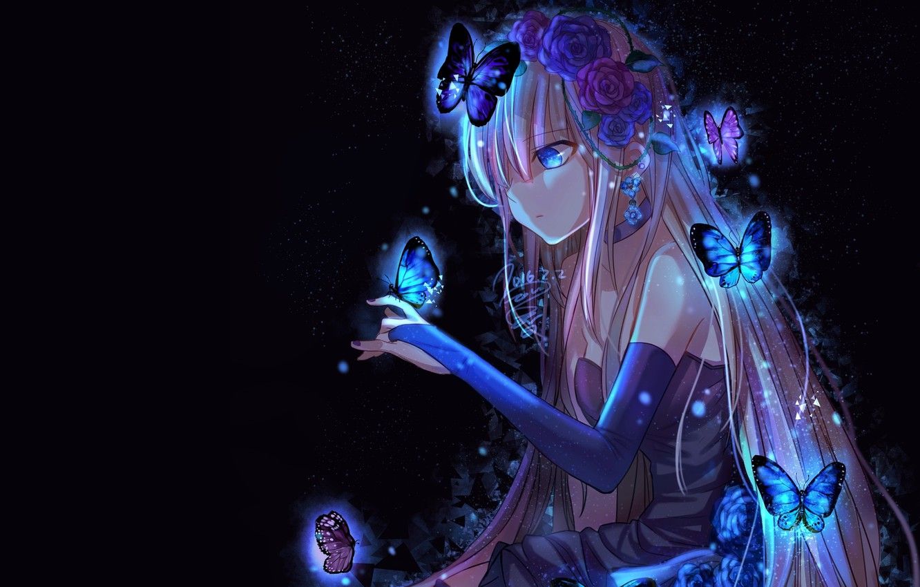 Wallpaper girl, butterfly, darkness, anime, art image for desktop