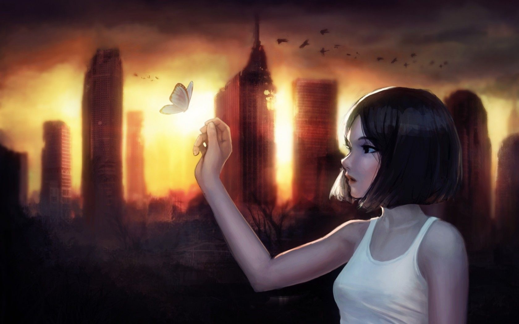 Download 1680x1050 Anime Girl, Profile View, Black Hair, Cityscape