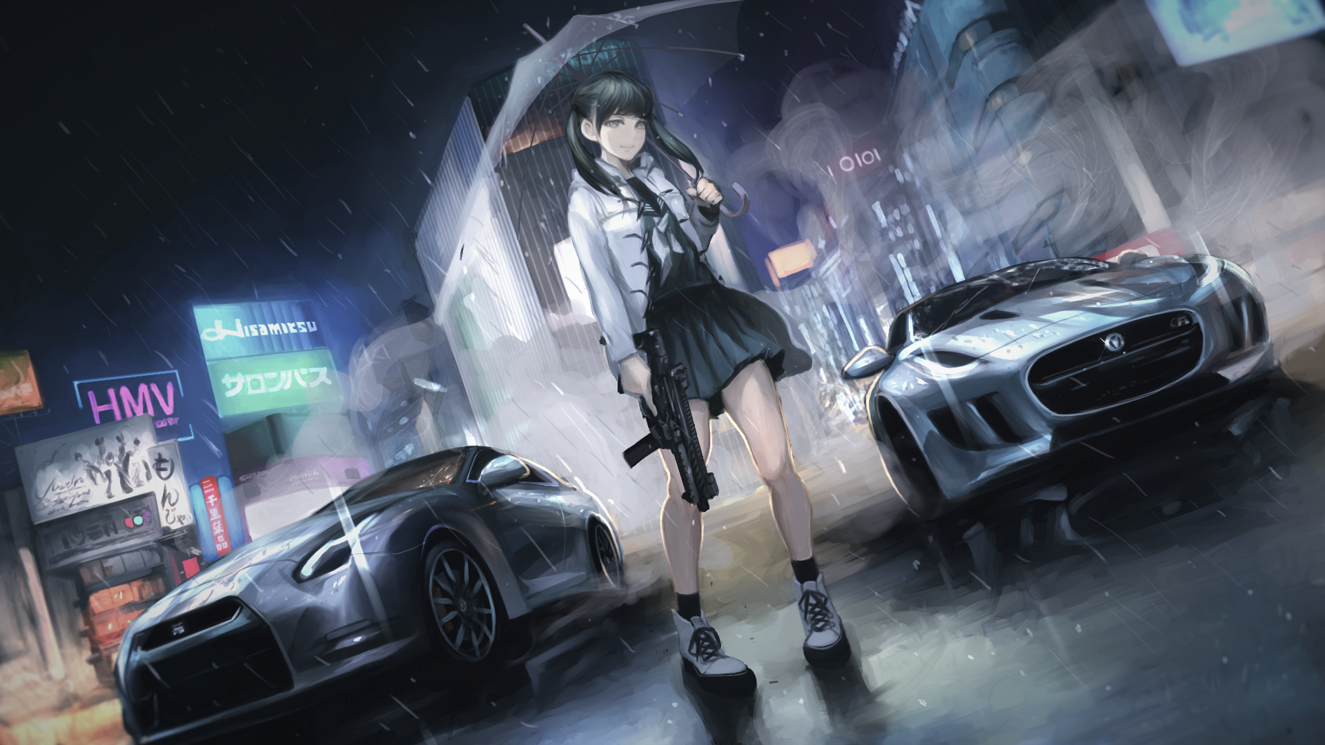 #original characters, #anime girls, #umbrella, #car